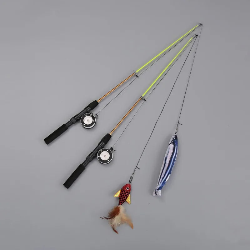 Pet Cats Toys Interactive Teaser Cat Wand Toy Retractable Simulation Fishing Pole Stick With Fish Feather Toy Cat Toys