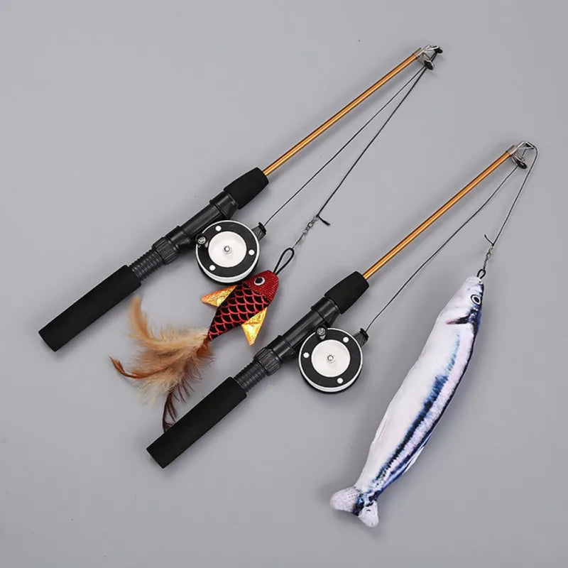 Pet Cats Toys Interactive Teaser Cat Wand Toy Retractable Simulation Fishing Pole Stick With Fish Feather Toy Cat Toys